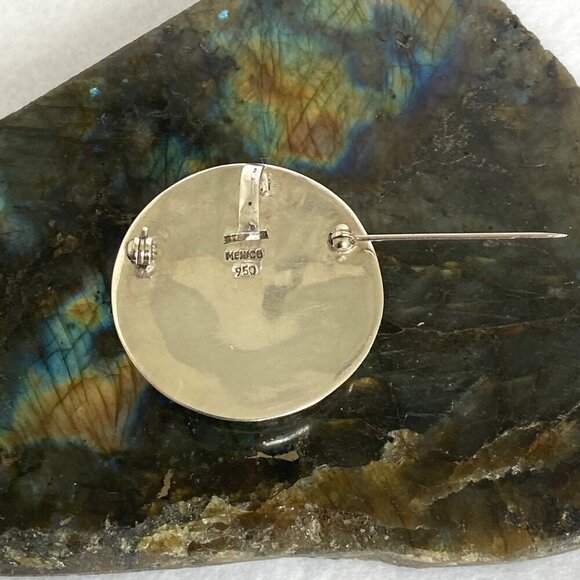 VTG Sterling Silver 950 Mexico Chunky Round Lapis Lazuli Inlay Pendant Brooch - Picture 9 of 16